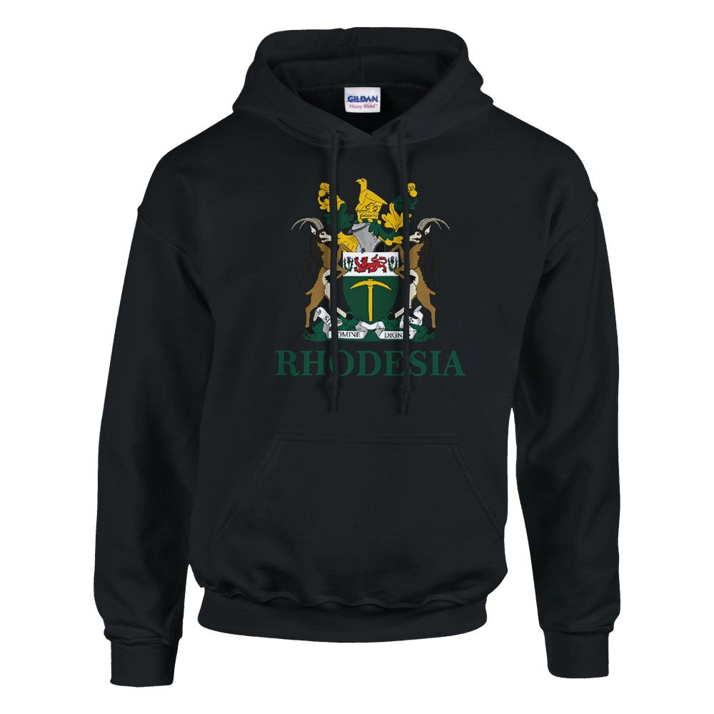 A black pullover hoodie featuring the official coat of arms of Rhodesia with its green and gold colors, and the word 'RHODESIA' printed in green below the crest.
