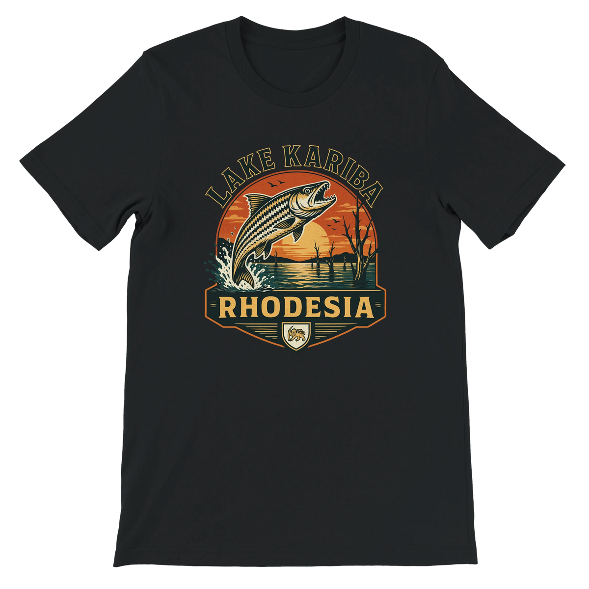 A Black short-sleeve crewneck t-shirt featuring a vintage-style graphic of a Tiger fish jumping from Lake Kariba, Rhodesia, with a sunset background.