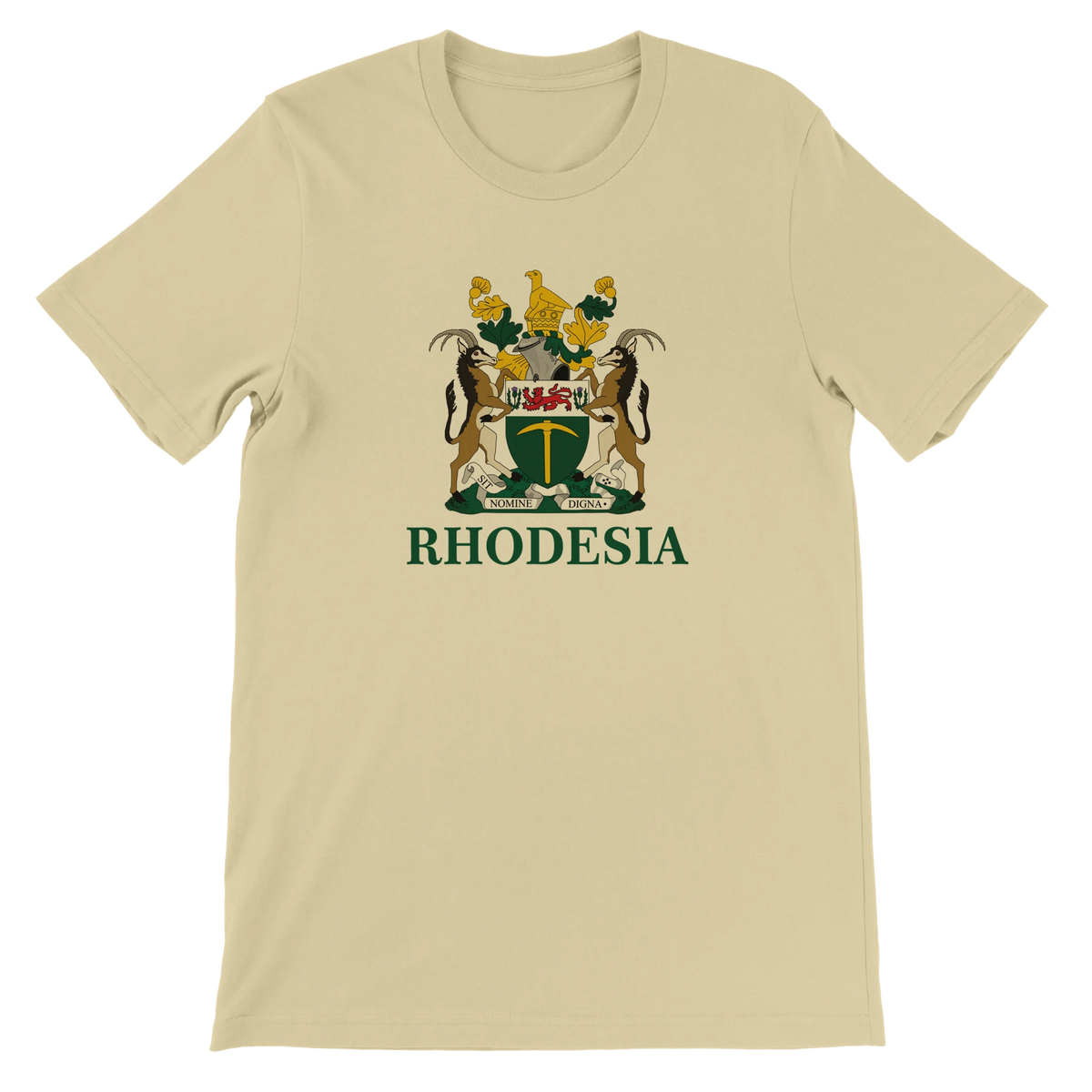 A Natural Beige t-shirt with Rhodesia coat of arms design on a white background