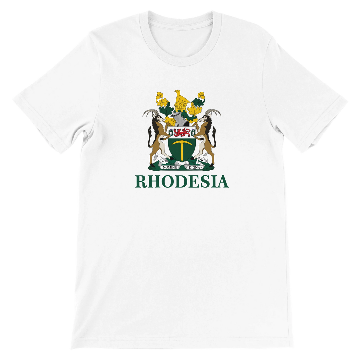 A white short-sleeve crewneck t-shirt featuring the official coat of arms of Rhodesia and the word 'RHODESIA' printed in green on the chest.