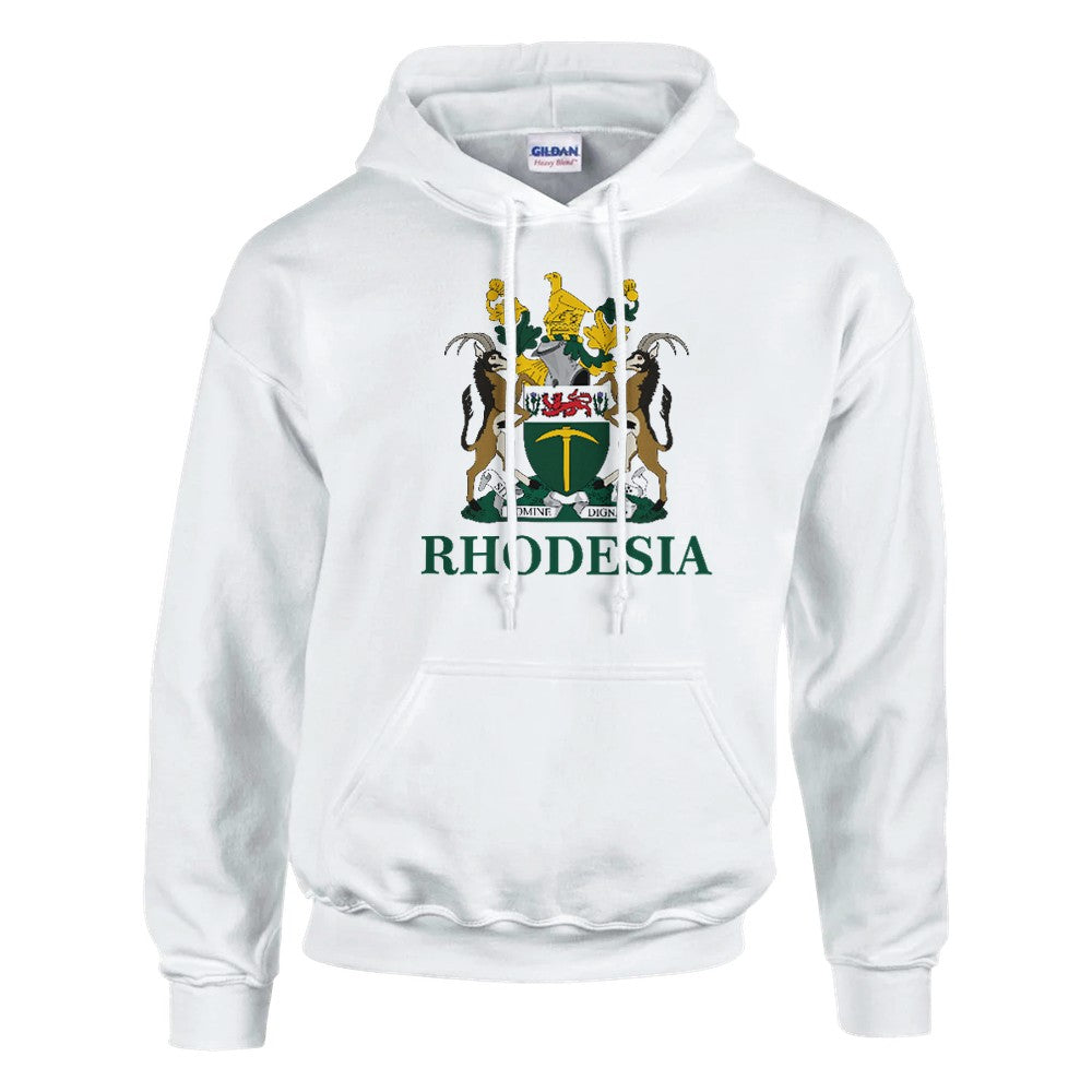 A white pullover hoodie featuring the official coat of arms of Rhodesia with the word 'RHODESIA' printed in green below it. 