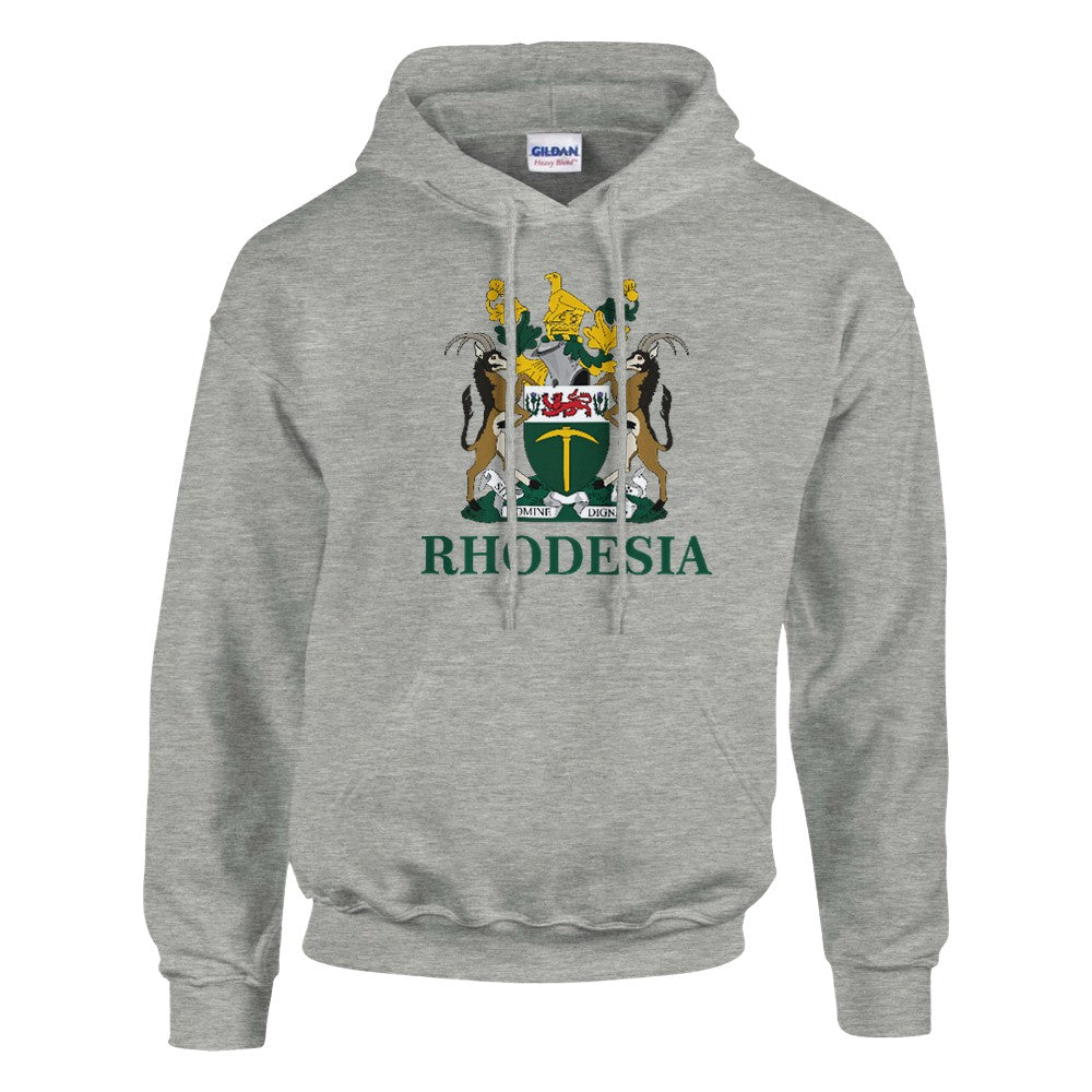 A Ash Grey pullover hoodie featuring the official coat of arms of Rhodesia with the word 'RHODESIA' printed in green below it. 