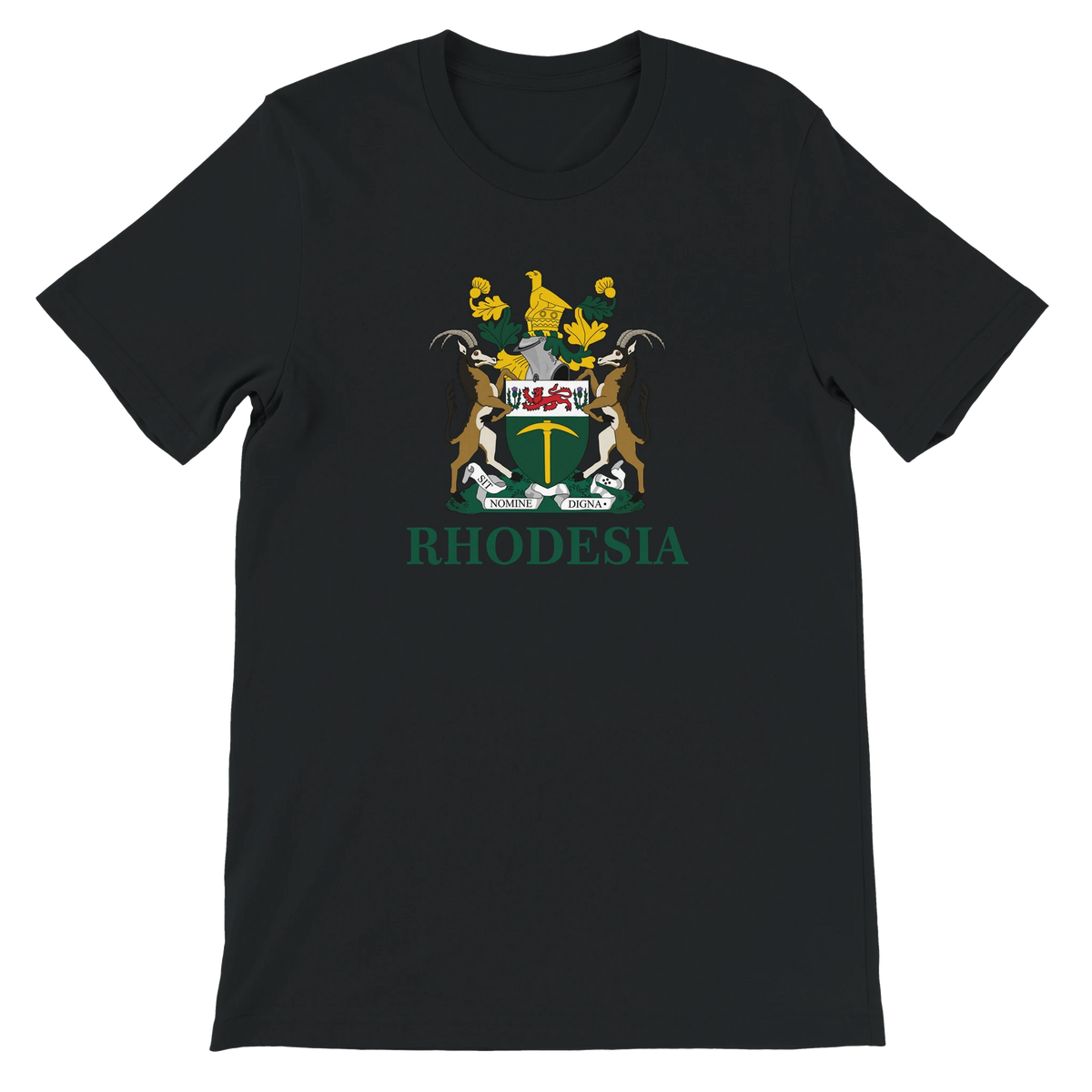 A black short-sleeve crewneck t-shirt featuring a Rhodesia coat of arms graphic on the chest, with 'RHODESIA' printed in green below the crest.