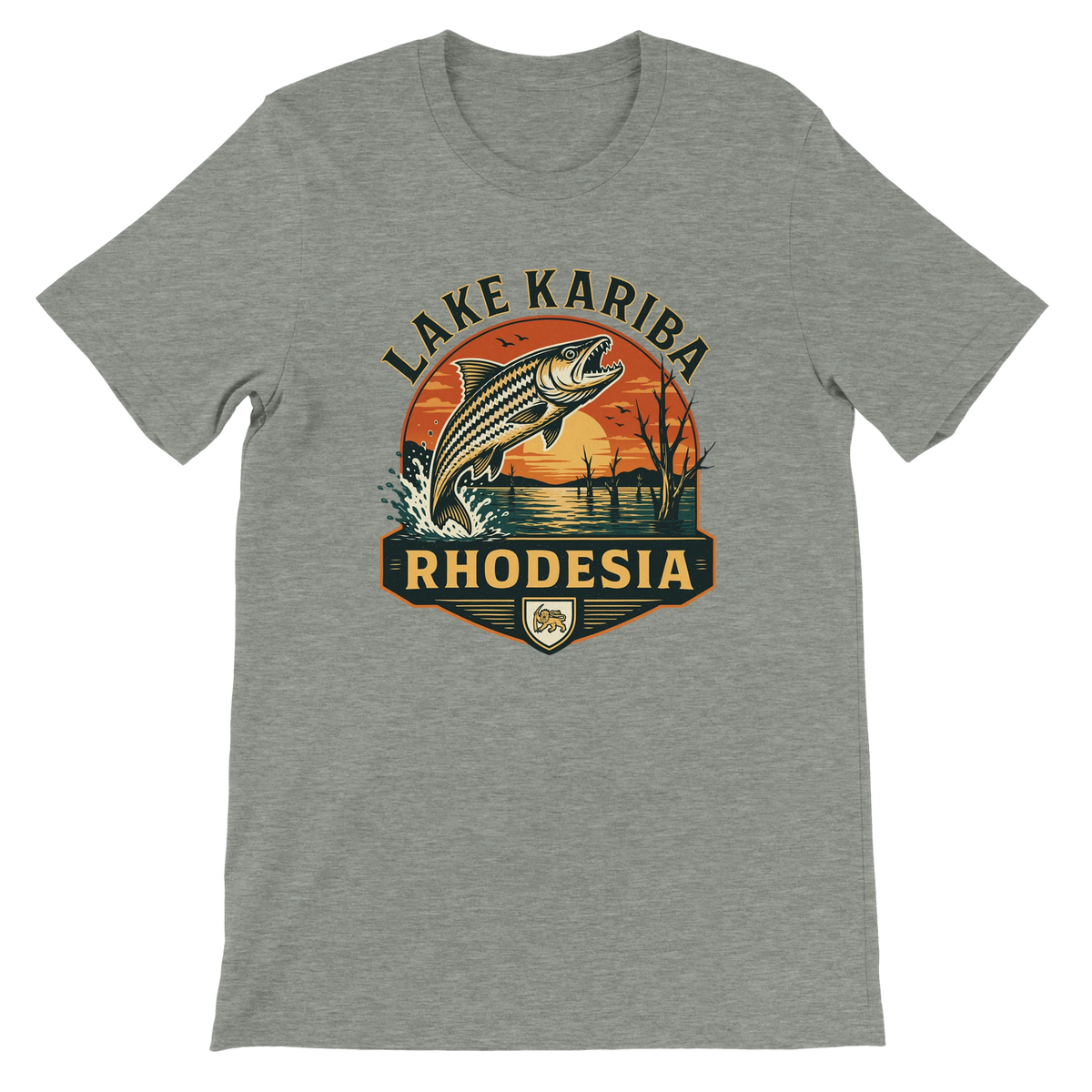 A Athletic Heather crewneck t-shirt featuring a vintage-style graphic of a fish jumping out of water with the text 'LAKE KARIBA RHODESIA'.