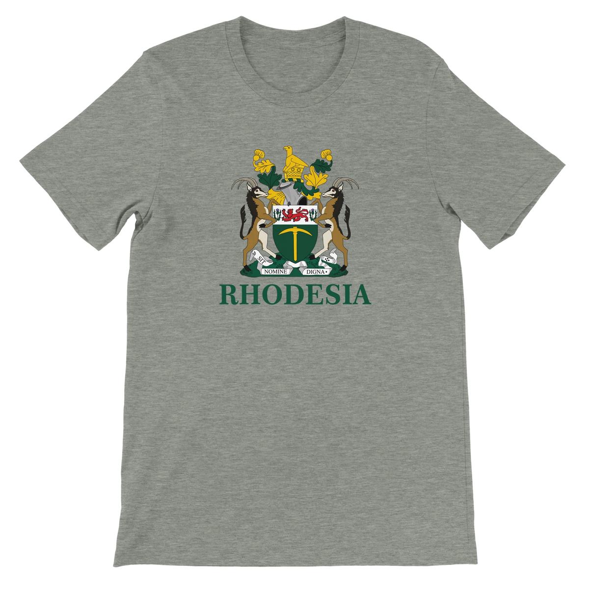 A heather gray short-sleeve crewneck t-shirt featuring a central graphic of the Rhodesia coat of arms above the word 'RHODESIA' in green.