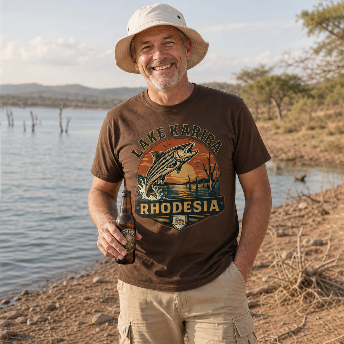 A smiling man wearing a brown graphic t-shirt with a 'Lake Kariba Rhodesia' Tigerfish design, holding a Zambezi Lager on the shore of Lake Kariba.