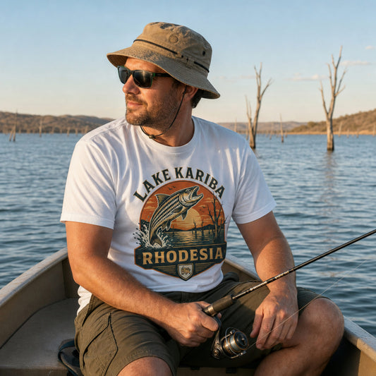 A man wearing a white graphic t-shirt with a 'Lake Kariba Rhodesia' fish design, sitting in a boat on a lake.