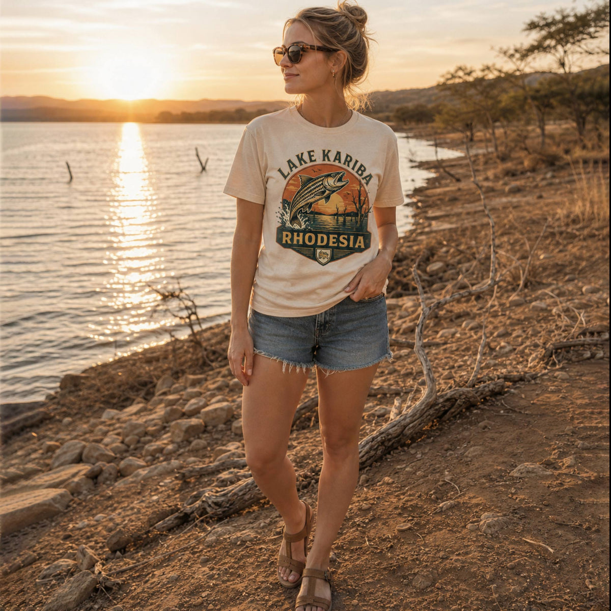 A woman stands on the lakeshore at sunset wearing a white graphic T-shirt that reads "LAKE KARIBA RHODESIA".