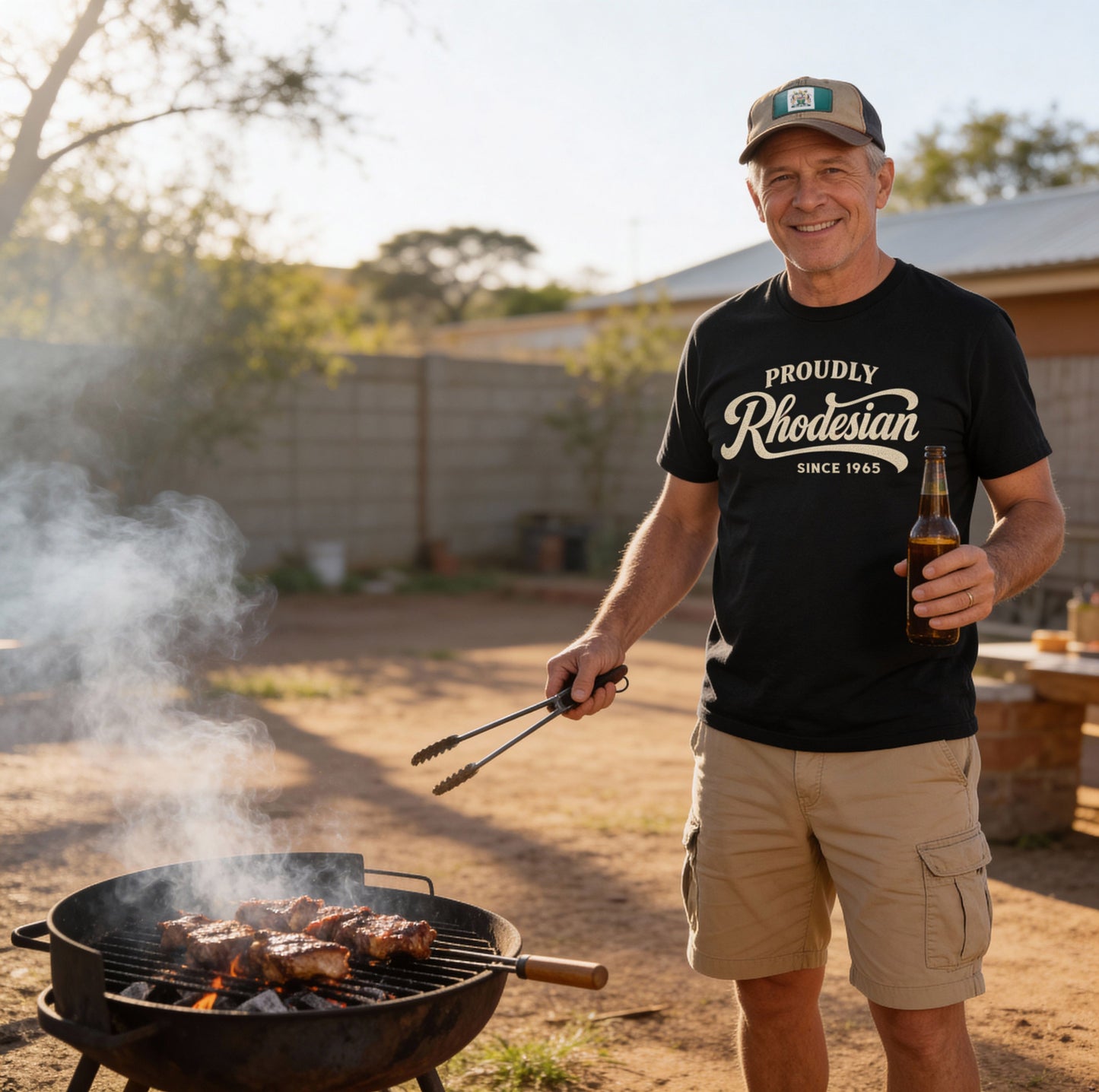 Man standing next to braai, holding a beer, wearing a 'Proudly Rhodesian' t-shirt.