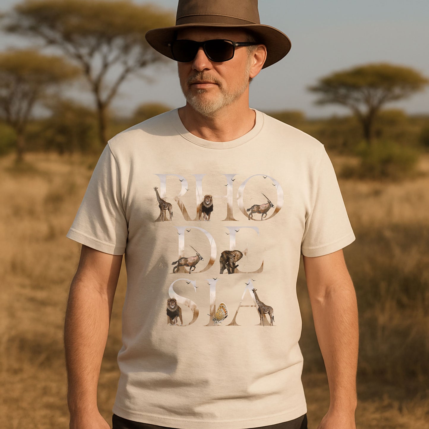 Man wearing a beige t-shirt with animal illustrations and text, standing in a savannah setting.