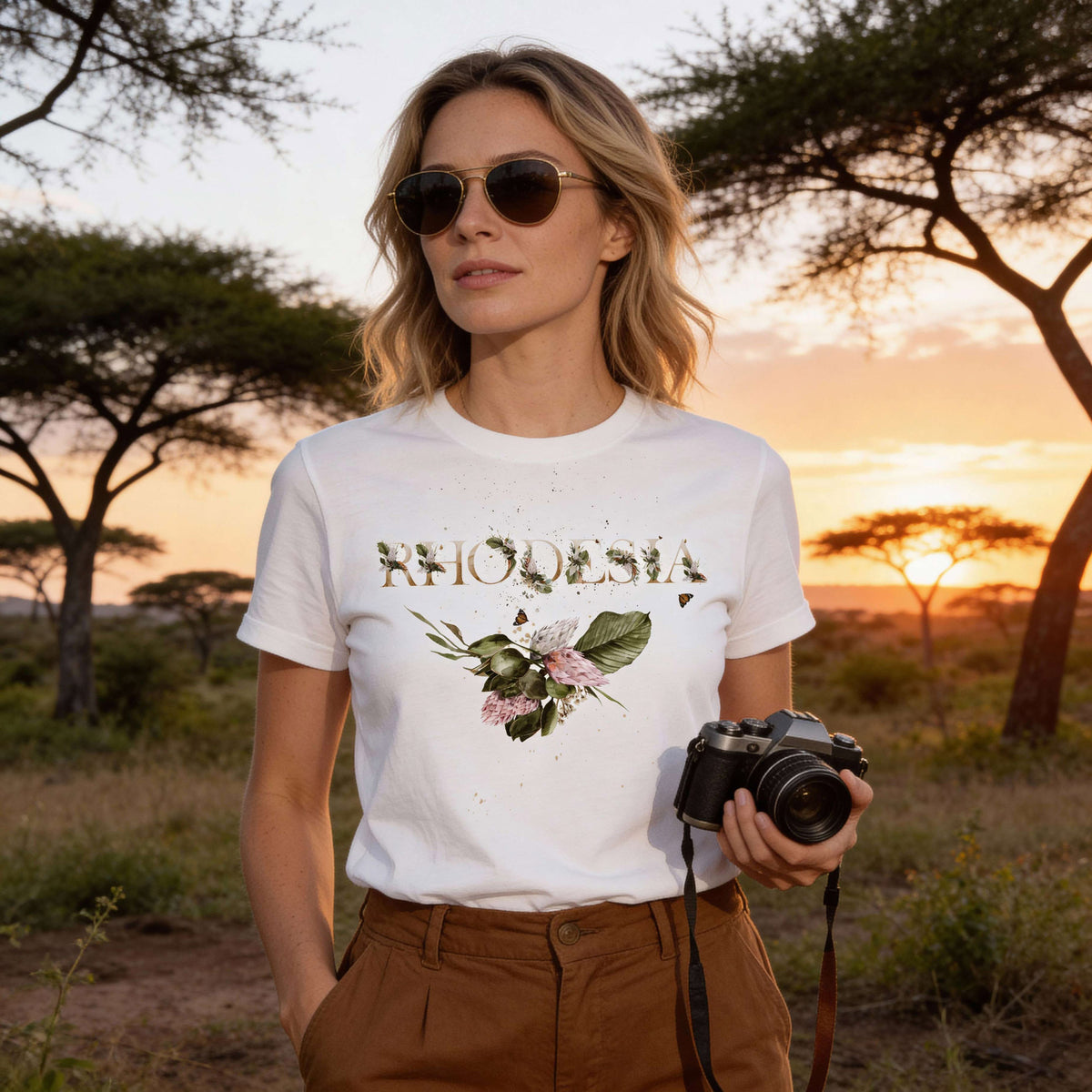 Woman in a Rhodesia t-shirt holding a camera in an outdoor setting with trees and sunset.