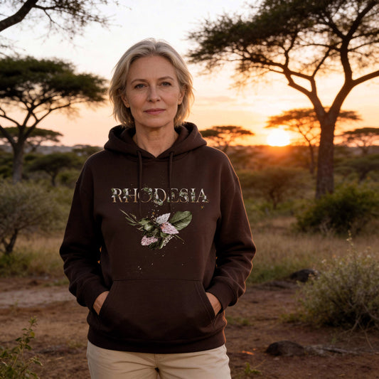 Woman wearing a hoodie with 'Rhodesia' design in an outdoor setting with trees and sunset.