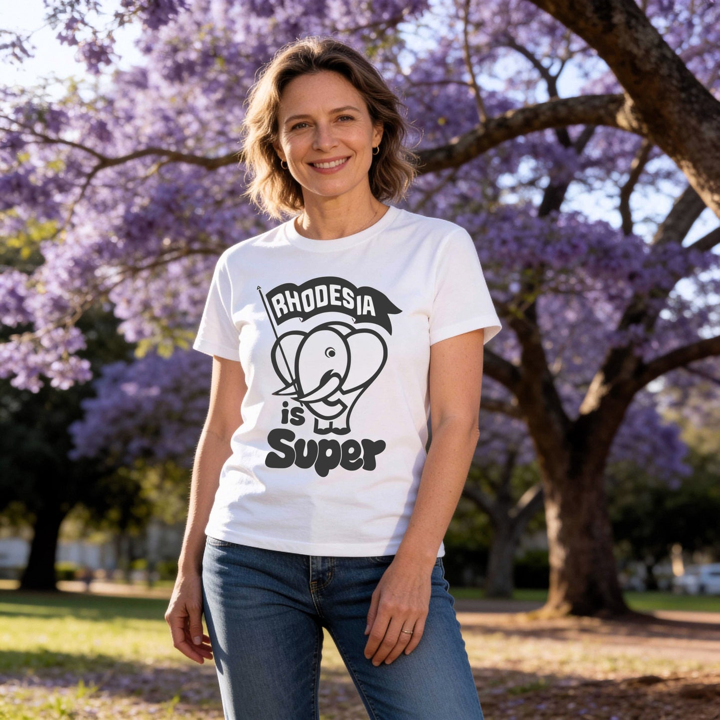 Woman wearing a t-shirt with 'Rhodesia is Super' design in a park with Jacaranda trees.