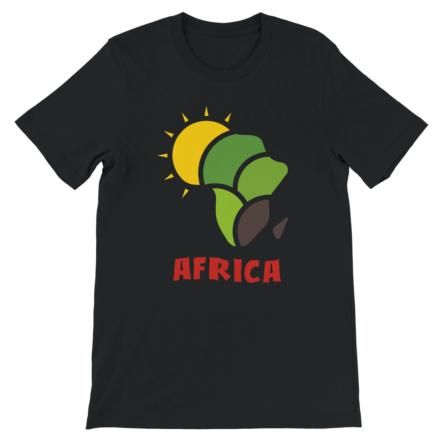 Black t-shirt with a sun and leaves graphic and 'AFRICA' text on a white background