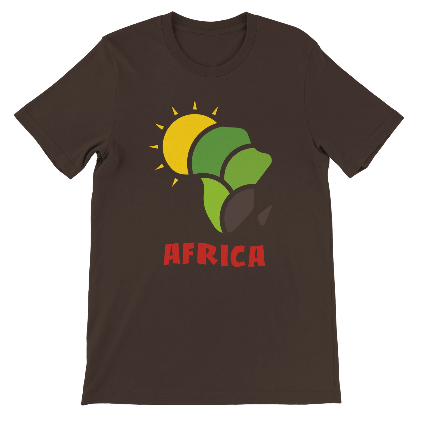 Brown t-shirt with 'AFRICA' design featuring a sun and leaves on a white background