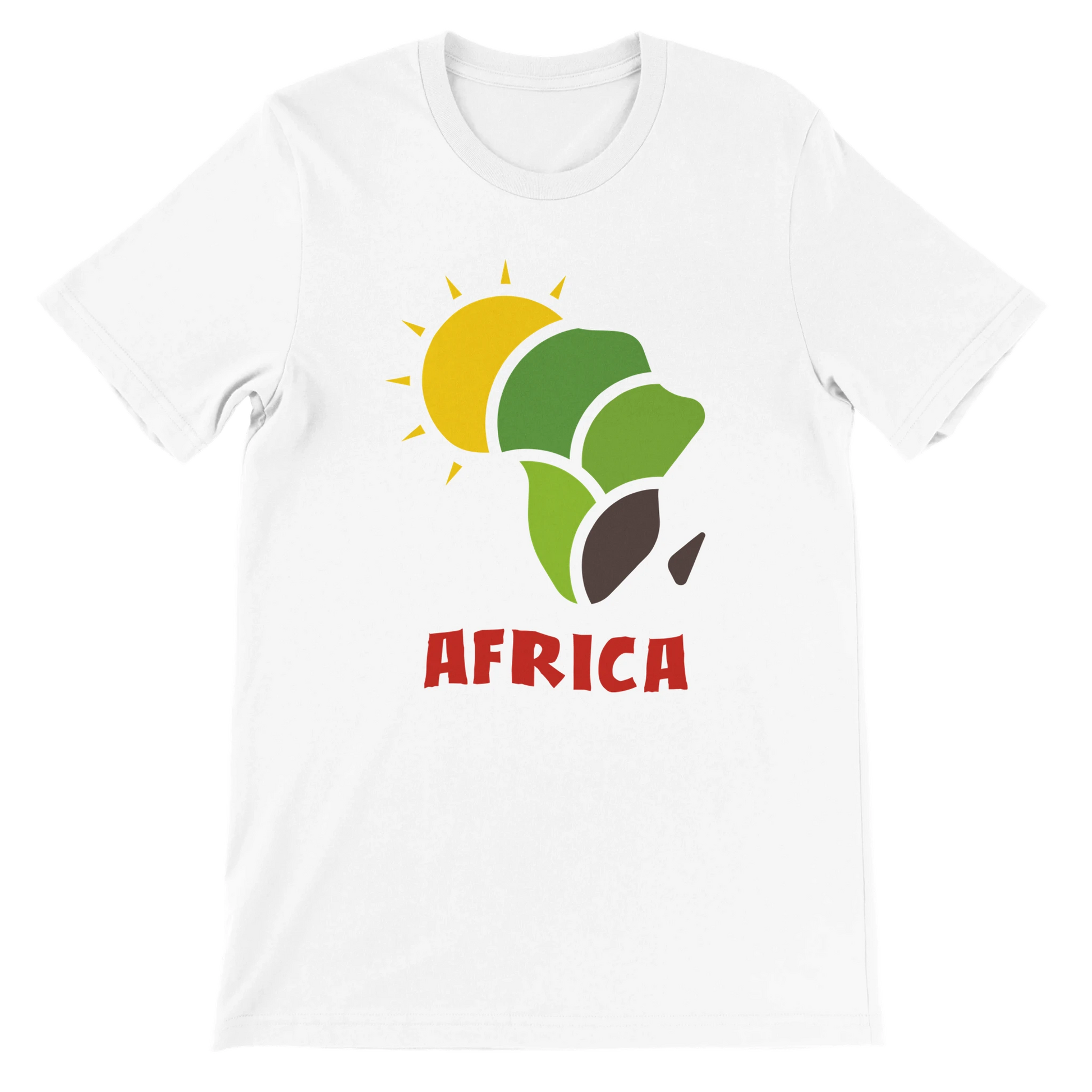 White t-shirt with 'AFRICA' graphic design featuring a sun and leaves on a white background