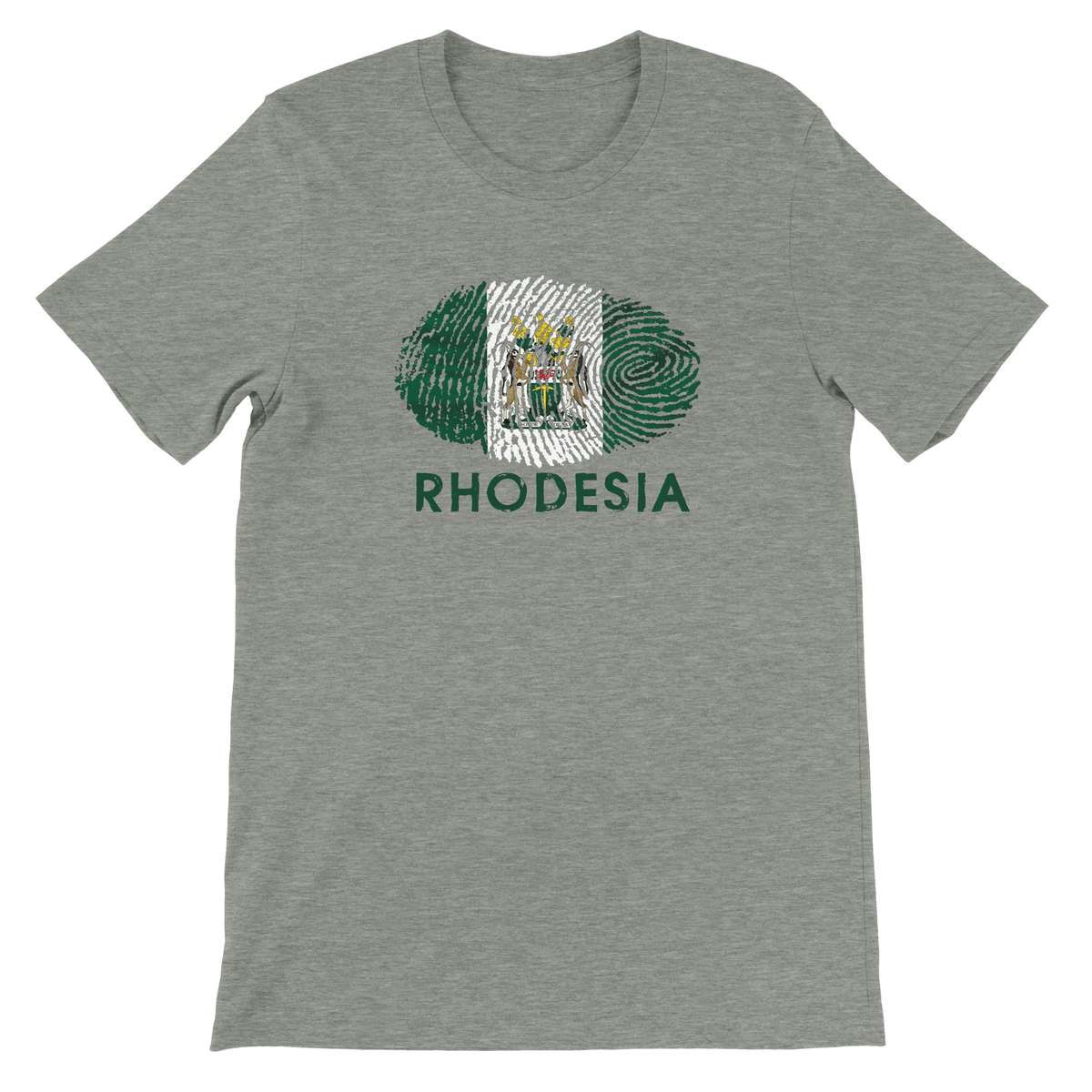 Athletic Heather Green t-shirt with Rhodesia emblem and text on a white background