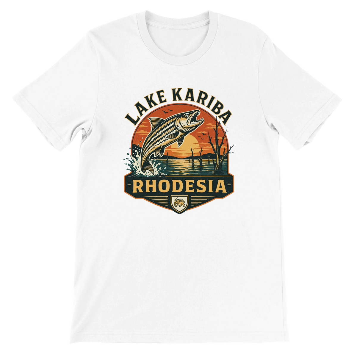 A white short-sleeve crewneck t-shirt featuring a vintage-style graphic of a fish jumping out of water with the text 'LAKE KARIBA RHODESIA'.